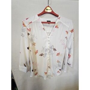 Torrid Blouse 1X White Butterfly Harper Georgette Roll Tab Sleeve Button Front